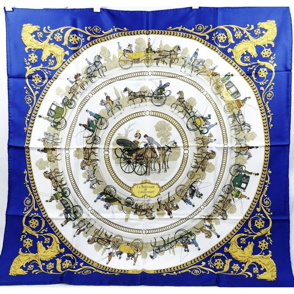 Hermes La Promenade de Longchamps Silk Scarf Blue Gold Carre 90 w/ Box/152